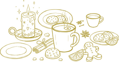 Golden winter treats and candlelight still life illustration