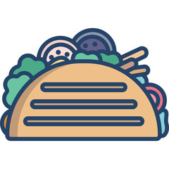 Stylized illustration of a taco with colorful fillings and a tan shell on a transparent background