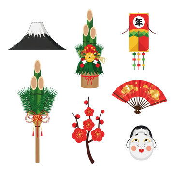 six traditional japanese shogatsu good luck charms (kadomatsu, mt. fuji, hyottoko mask) rendered in clean flat vector graphic design on a white background. concept of japanese new year celebration