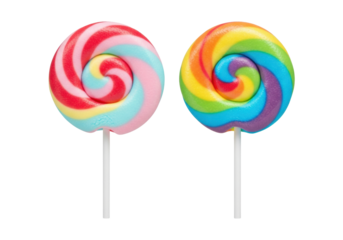 extreme macro shot of two perfectly constructed, glossy swirl marshmallow pops (crimson/pink and rainbow) standing upright against a pure white studio background with copy space. concept for
