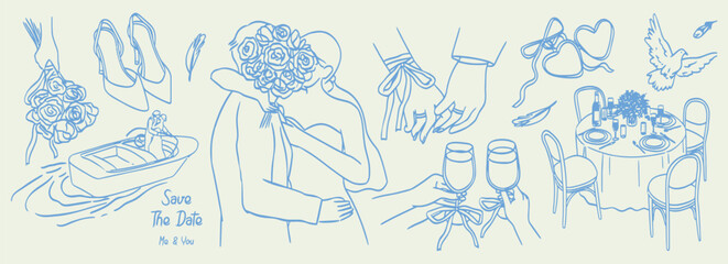 Blue line art collage of various objects and figures