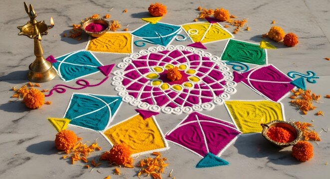 Vibrant Indian rangoli art depicting colorful kites and a glowing diya lamp, celebrating festive tradition concept and cultural joy