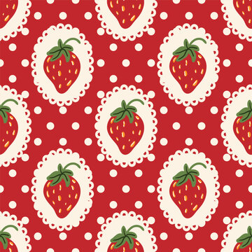 Vintage red seamless pattern with strawberry and polka dot for print fabric wallpaper wrapping paper