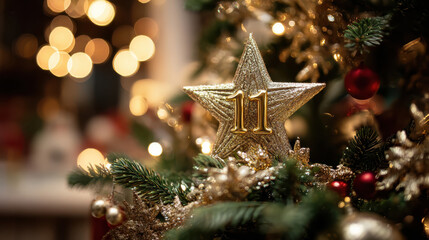 Golden number 11 star on a Christmas tree with festive lights for holiday countdown for the twelve days of christmas