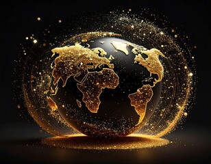 Glistening golden continents on a dark globe, surrounded by sparkling, swirling cosmic dust, set against a black background