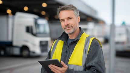 A ground crew supervisor standing on the tarmac with a tablet, tracking turnaround time and coordinating tasks as aircraft service vehicles move around — airport operations management, digital