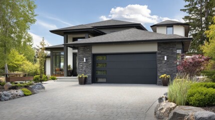 Obraz na płótnie Canvas A large house with a black garage door and a white roof. The house is surrounded by a lush green garden with a stone walkway