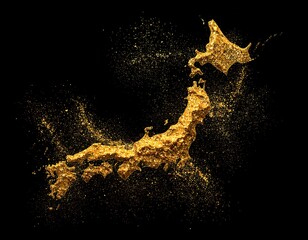 Glistening golden glitter forms the shape of Japan against a stark black background, creating a dazzling effect