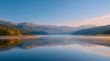 Fototapeta premium A calm lake at sunrise mirroring a mountain range perfectly, pastel skies doubling in the water as mist rises — nature symmetry, landscape reflection beauty, and serene outdoor photography.