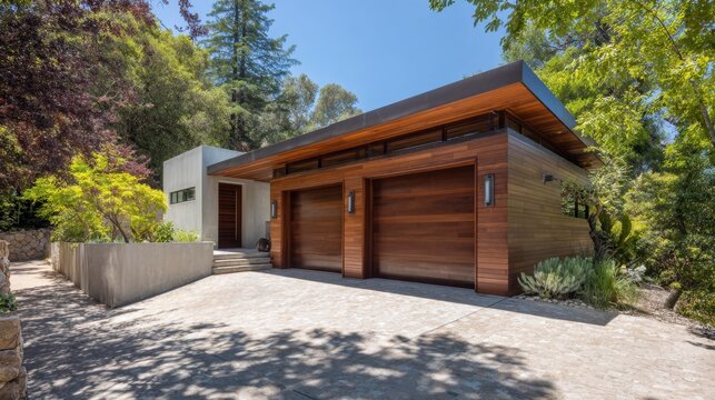 A modern house with a garage and a driveway. The house is surrounded by trees and has a nice view - Powered by Adobe