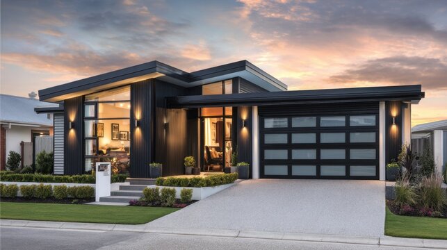 A large black house with a garage and a driveway. The house is well lit and has a modern design