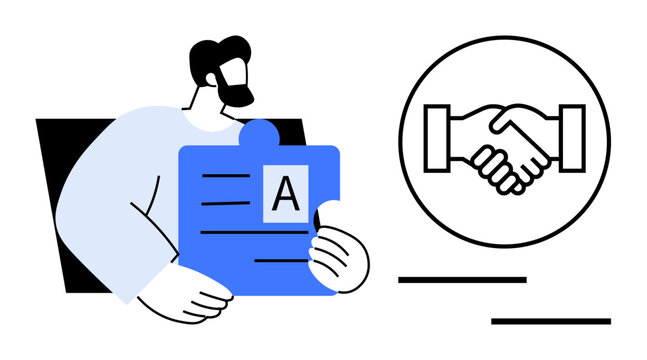 Collaboration concept. A graphic showing a person holding a puzzle piece and a handshake symbol. Collaboration fosters teamwork, partnership, and mutual success. Ideal for business, teamwork