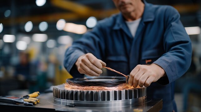 A mechanic inspecting a disassembled electric motor on a stainless-steel workbench, copper windings glowing under workshop lights as precision tools surround the workspace — motor engineering,