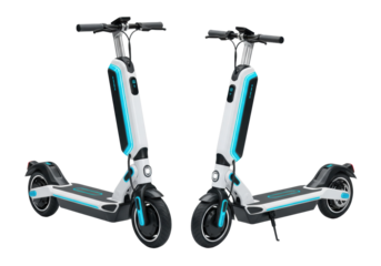 Two sleek, white and cyan electric kick scooters made of polished aluminum and carbon fiber, isolated on a bright white studio background with negative space, concept of sustainable urban mobility