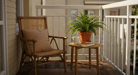 Cozy balcony with wicker chair, wooden table, potted fern, mug, and book, creating an inviting space for relaxation