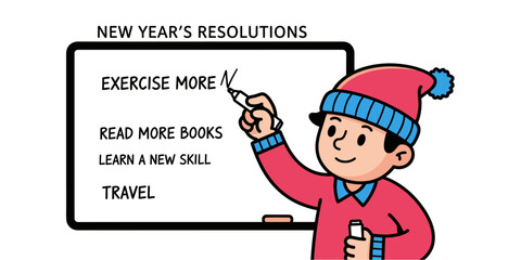 A male cartoon character wearing a winter hat is writing a list of New Year's Resolutions on a white board.