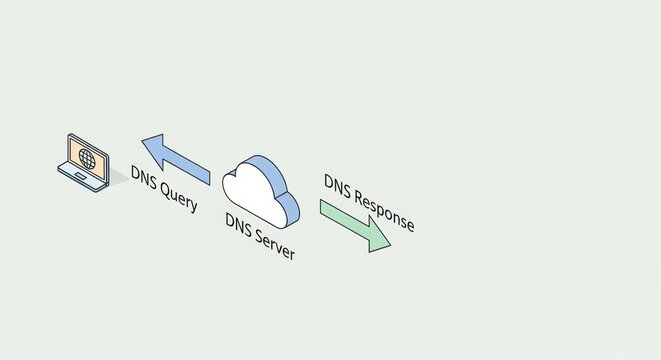 DNS query on network with client sending data to DNS server and getting response back. DNS query and response are visualized in simple diagram with arrows connecting laptop and cloud server.