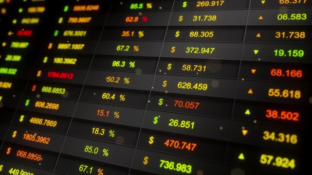 Seamless loop 3D animation of dark stock market table with glowing red, green and yellow prices, percentages and arrows on a digital screen. Finance dashboard background. - Powered by Adobe