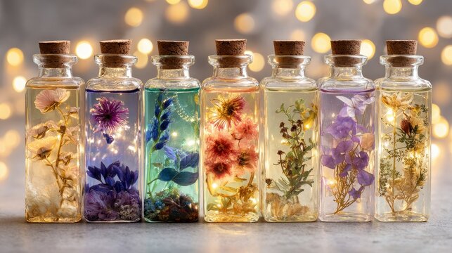 Collection of dried flowers and leaves preserved in small glass jars with cork lids