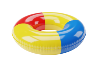 a hyper-detailed 3d illustration of a classic inflatable ring float, segmented red, yellow, and royal blue high-gloss pvc, isolated on a clean white background with copy space. concept for summer