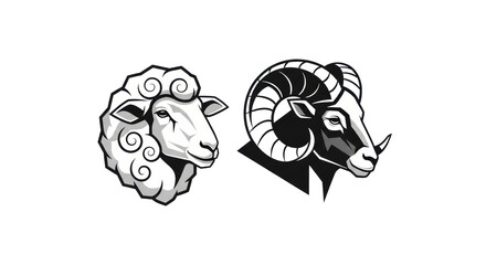 set of two high contrast, monochrome vector icons: geometric sheep and powerful ram head in black line art, isolated on clean white, symmetrical presentation. concept for premium agricultural branding