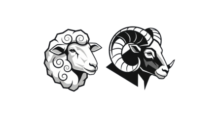 set of two high contrast, monochrome vector icons: geometric sheep and powerful ram head in black line art, isolated on clean white, symmetrical presentation. concept for premium agricultural branding