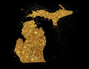 Glittering gold map of Michigan, sparkling against a stark black background, creating a festive, celebratory vibe