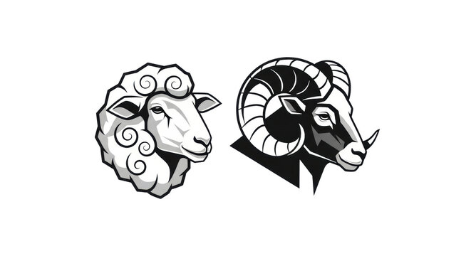 set of two high contrast, monochrome vector icons: geometric sheep and powerful ram head in black line art, isolated on clean white, symmetrical presentation. concept for premium agricultural branding