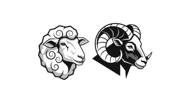 set of two high contrast, monochrome vector icons: geometric sheep and powerful ram head in black line art, isolated on clean white, symmetrical presentation. concept for premium agricultural branding