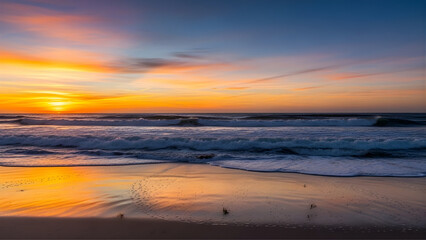 Obraz premium Vibrant sunset over ocean waves with colorful sky and reflective water