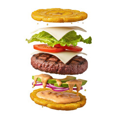 Deconstructed plantain burger with beef patty cheese and vegetables