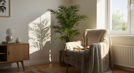 Sunlit living room with a cozy armchair, a green houseplant, and artistic shadows on the wall, creating a peaceful and inviting home environment