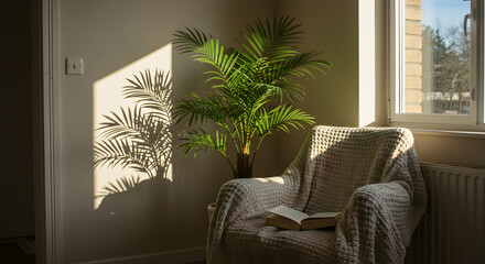 Sunlit cozy reading nook with an armchair, blanket, and open book, next to a houseplant casting beautiful shadows on the wall