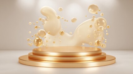 Elegant Golden Podium With Soft Abstract Shapes for Premium Cosmetics Presentation
