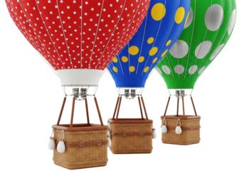 miniature hot air balloons (ruby red, sapphire blue, emerald green envelopes with polka dots) and detailed wicker baskets on a pure white background. concept of exploration and joy