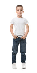 Portrait of cute little boy on white background