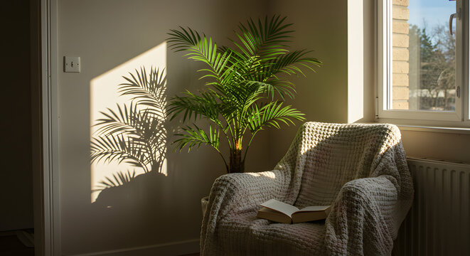 Sunlit cozy reading nook with an armchair, blanket, and open book, next to a houseplant casting beautiful shadows on the wall