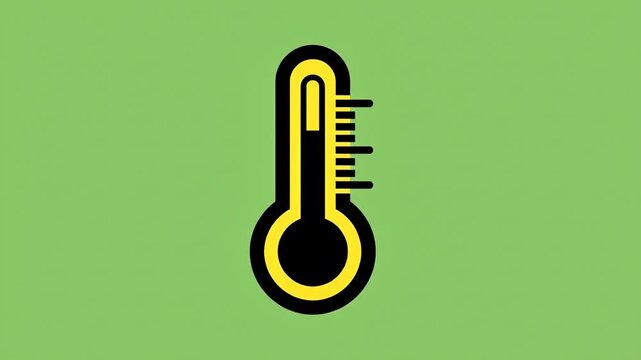 Stylized thermometer icon with black and yellow colors on a green background, representing temperature measurement and heat