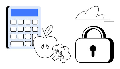 Calculator, apple, broccoli, and padlock conveying themes of financial planning, healthy living, and security. Ideal for health budget, savings, meal planning diet finance wellness and protection
