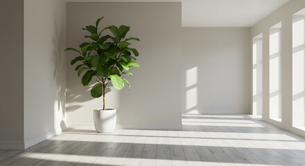 Bright, minimalist room with a fiddleleaf fig plant in white pot, natural light from windows casting shadows on wooden floor and white walls, tranquil