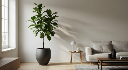 A large fiddleleaf fig plant in a dark pot stands in a bright, modern living room with a comfortable sofa, wooden tables, and natural light