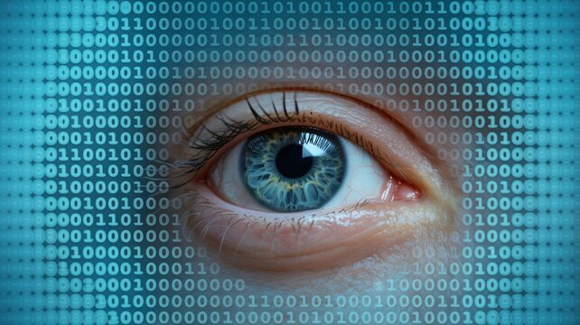 Intriguing eye overlaid with digital binary code pattern
