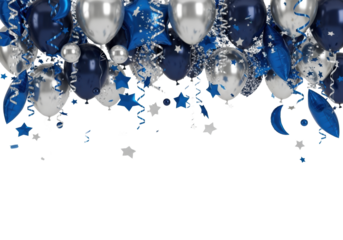 dynamic overhead view of falling silver mylar and midnight blue latex balloons, flowing ribbons, and sharp foil confetti on a pure white studio background, high-key studio concept for exclusivity