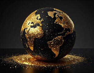 Globe with glitter continents on a sleek black surface under warm studio lighting, creates a luxurious aesthetic