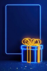 Neon glowing gift box with blue frame on dark festive background