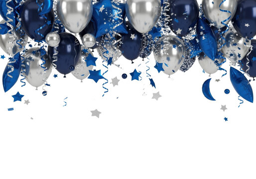 dynamic overhead view of falling silver mylar and midnight blue latex balloons, flowing ribbons, and sharp foil confetti on a pure white studio background, high-key studio concept for exclusivity