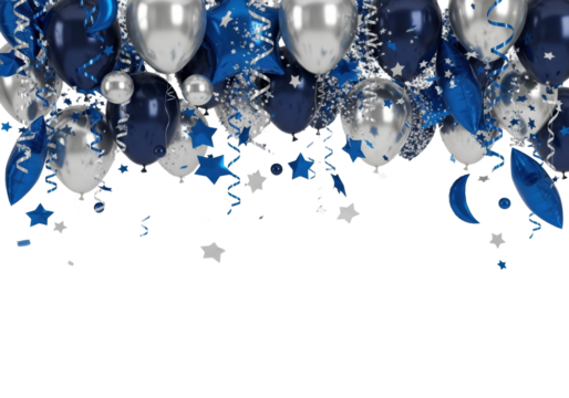 dynamic overhead view of falling silver mylar and midnight blue latex balloons, flowing ribbons, and sharp foil confetti on a pure white studio background, high-key studio concept for exclusivity