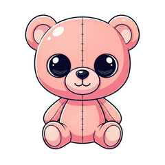 Obraz premium A pastel light pink, plush, chibi teddy bear vector illustration featuring oversized innocent eyes, sitting against a pure white background with a soft shadow. Concept of graphic childhood appeal