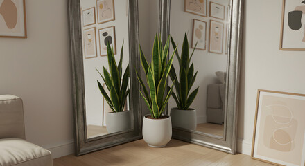 A vibrant snake plant in a white pot stands between two large, ornate silverframed mirrors, reflecting a stylish and modern room