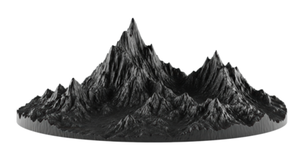 Panoramic miniature 3d render of obsidian volcanic mountains, sharp basalt peaks, and dark ash textures, dramatically lit, isolated on pure white background for copy space. Concept of natural geology